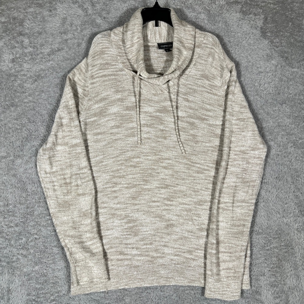 Express Mens Cowl Neck Sweater Tan White Marled Knit Pullover Large